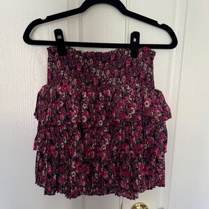 Smocked tiered floral mini skirt